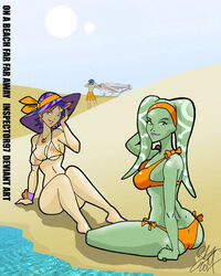 1boy 2girls beach big_breasts bikini blue_eyes breasts brown_eyes colored_hair ezra_bridger female hera_syndulla inspector97 looking_at_viewer necklace posing sabine_wren short_hair simple_background smile star_wars star_wars_rebels twi'lek wide_hips