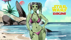 1girls alexeyv beach big_breasts bikini blush breasts cleavage curvy english_text female_focus female_only green_eyes hera_syndulla looking_at_viewer navel nipples pose solo star_wars star_wars_rebels text twi'lek wide_hips