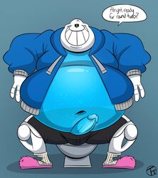 1boy 2021 alternate_version_at_source animated_skeleton anterior_nasal_aperture belly big_belly blue_background blue_body blue_clothing blue_glans blue_hoodie blue_penis blue_topwear bone bottomwear bulge clothing dialogue english_text erection eyebrows genitals glans glistening glistening_body glistening_genitalia glistening_glans glistening_penis grin hi_res hoodie humanoid humanoid_genitalia humanoid_penis lightsaber_dick looking_at_viewer male male_only navel overweight overweight_humanoid overweight_male penis raised_eyebrow sans shorts simple_background sitting skeleton smile solo spread_legs spreading talking_to_viewer teeth text toilet toony topwear trashtoonz undead undertale video_games white_body