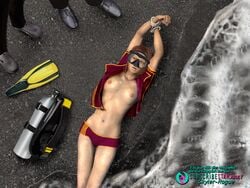 3d 3d_(artwork) beach captured damsel_in_distress embarrassed exposed_breasts female handcuffed handcuffs humiliated naked nipples nude nude_female skyler-rogue spy wet