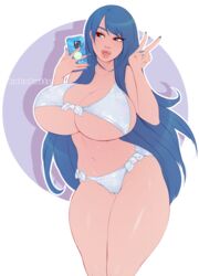 1girls bikini bimbo blue_eyes blue_hair cameltoe front-tie_bikini huge_breasts kokobuttz long_fingernails long_hair selfie side-tie_panties thick_thighs voluptuous