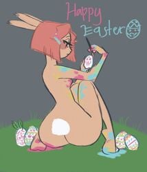 1girls ass bob_cut breasts bunny cotton_tail crouching easter easter_egg english_text furry half-closed_eyes lewdersheep painting small_breasts solo