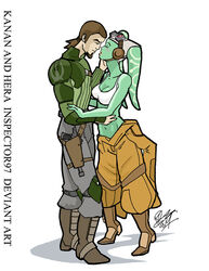 1boy 1girls big_breasts blush bra breasts brown_hair canon_couple cleavage clothed clothing hera_syndulla imminent_kiss inspector97 interspecies kanan_jarrus male navel open_mouth short_hair simple_background smile star_wars star_wars_rebels text twi'lek undressing white_background