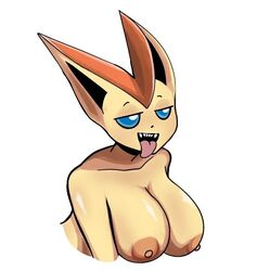 2021 anthro areola big_breasts big_ears black_nose blue_eyes blue_sclera breasts fangs female fur half-closed_eyes legendary_pokémon looking_away mammal narrowed_eyes neilious_dyson neiliousdyson nejtacoz58m8 nintendo nipples open_mouth pokémon_(species) pokemon simple_background solo teeth tongue tongue_out victini video_games white_background