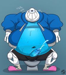 1boy 2021 alternate_version_at_source animated_skeleton anterior_nasal_aperture belly big_belly blue_background blue_body blue_clothing blue_glans blue_hoodie blue_penis blue_topwear blush bodily_fluids bone bottomwear breath bulge clothing cum cumshot ejaculation erection genital_fluids genitals glans glistening glistening_body glistening_genitalia glistening_glans glistening_penis grin hi_res hoodie humanoid humanoid_genitalia humanoid_penis lightsaber_dick looking_at_viewer male male_only navel orgasm overweight overweight_humanoid overweight_male panting penis sans shorts simple_background sitting skeleton smile solo spread_legs spreading sweat teeth text toilet toony topwear trashtoonz undead undertale video_games white_body