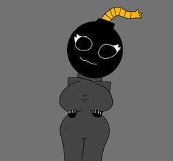 1girls anthro black_skin bomb eyelashes fuse genderbend holding_breast huge_breasts huge_thighs james_the_bomb original original_character owo stretched_clothing sweater