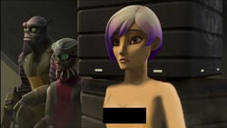 1girls 2boys brown_eyes censor_bar censored cleavage clothed clothing colored_hair dartguy86 garazeb_orrelios highres hondo_ohnaka horn looking_at_another nude sabine_wren shocked skinny star_wars star_wars_rebels third-party_edit yellow_eyes