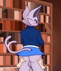 2021 anthro ass backsack balls blue_clothing blue_shirt blue_topwear blush bottomwear butt_grab clothed clothing crossdressing detailed_background duo eeveelution espeon femboy flustered forked_tail fur genitals hand_on_butt hi_res inside library looking_back magnetiorchid male male_only nintendo partially_clothed pokémon_(species) pokemon portrait purple_body purple_fur shirt skirt solo_focus three-quarter_portrait topwear uniform video_games