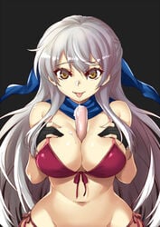 1girls bikini black_background black_gloves breasts cleavage eyebrows_visible_through_hair female fire_emblem fire_emblem:_radiant_dawn gloves groin hair_between_eyes hair_ribbon hands_on_own_chest highres kaorihero large_breasts long_hair looking_at_viewer micaiah_(fire_emblem) navel nintendo red_bikini ribbon scarf side-tie_bikini silver_hair simple_background solo suggestive_fluid swimsuit tongue tongue_out tupet yellow_eyes