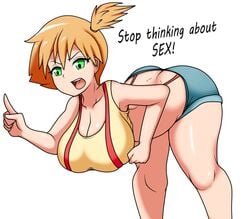 1girls alternate_breast_size ass back big_breasts breasts cucarachaaa dat_ass english_text female female_only green_eyes huge_breasts kasumi_(pokemon) large_breasts legs orange_hair pokemon pokemon_rgby red_hair solo stop_thinking_about_sex text thick thick_thighs thighs