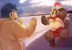 2021 anthro balls_outline beach belly brown_body brown_fur bulge canid canine chubby_protagonist_(tas) closed_eyes detailed_background duo fur genital_outline goemon_(tas) humanoid_hands kemono male mammal nekomarudon overweight overweight_male penis_outline protagonist_(tas) raccoon_dog seaside tanuki tanukimaru tokyo_afterschool_summoners video_games water