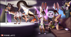 alcohol anthro beer beverage breasts canid canine carys_(nebula1701) cerys_(nebula1701) clothing dancing disney fake_mustache fan_character female fennec finnick flat_chest fox group hi_res judy_hopps lagomorph leporid link6432 lucas_(manedwolf) male male/female mammal masturbation neon_lights nick_wilde nightclub nipple_piercing nipples nose_piercing nude panties pole pole_dancing rabbit scarlette_(scarlette) sibling small_breasts smile stripper_pole twins zootopia