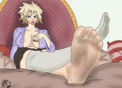 barefoot big_breasts blonde_hair dirty_feet feet female foot_fetish milf mitsuki_bakugou my_hero_academia nipples one_sock oppai socks soles solo toes vamp666s