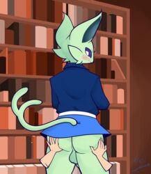 2021 anthro ass backsack balls blue_clothing blue_shirt blue_topwear blush bottomwear butt_grab clothed clothing crossdressing detailed_background duo eeveelution espeon femboy flustered forked_tail fur genitals green_body green_fur hand_on_butt hi_res inside library looking_back magnetiorchid male male_only nintendo partially_clothed pokémon_(species) pokemon portrait shiny_pokémon shirt skirt solo_focus three-quarter_portrait topwear uniform video_games