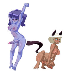 2futas animal_ears areolae balls big_penis breasts cat_ears catgirl dark_skin duo fried-chicken futa_only futanari humanoid humanoid_penis kemonomimi large_penis nadia_fortune nipples nude penis purple_skin skullgirls squatting squigly standing stretching tail