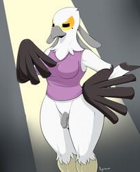 2018 accipitriform aggressive_retsuko anthro avian beak beauty_mark bird bottomless breasts clothed clothing feathers flaccid foreskin futanari genitals grey_penis gynomorph hi_res humanoid_genitalia humanoid_penis intersex nightfaux non-mammal_breasts penis portrait sanrio secretary_bird secretary_washimi shirt solo standing straight_hair tank_top three-quarter_portrait topwear unretracted_foreskin white_body white_feathers wide_hips