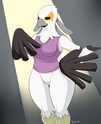 2018 accipitriform aggressive_retsuko anthro avian barely_visible_genitalia barely_visible_pussy beak beauty_mark big_breasts bird black_body black_feathers bottomless breasts clothed clothing curvy_figure dated feathers female genitals hi_res multicolored_body multicolored_feathers nightfaux non-mammal_breasts portrait pussy sanrio secretary_bird secretary_washimi shirt signature smooth_skin solo standing tank_top thick_thighs three-quarter_portrait topwear white_body white_feathers wide_hips yellow_body yellow_feathers