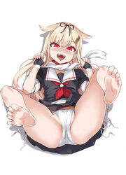 1girls :d animal_ears asanagi ass bangs bare_legs barefoot black_ribbon black_serafuku blonde_hair blush breasts cameltoe clothed_female clothing collar crotch eyebrows_visible_through_hair fanbox_reward fangs feet female fingerless_gloves full_body gloves gradient_hair hair_between_eyes hair_flaps hair_ornament hair_ribbon hairclip high_resolution inumimi kantai_collection legs legs_up long_hair long_sleeves looking_at_viewer lying multicolored_hair naughty_face neckerchief nose_blush on_back open-mouth_smile open_mouth paid_reward pantsu partially_visible_vulva paw_pose red_eyes red_neckwear remodel_(kantai_collection) ribbon scarf school_uniform serafuku short_hair short_sleeves side-tie_panties simple_background skirt skirt_lift smile soles solo spread_legs string_panties thighs toes tongue tongue_out underwear uniform very_high_resolution white_background white_neckwear white_panties white_scarf white_underwear young yuudachi_(kantai_collection)