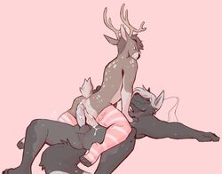 anthro antlers bodily_fluids canid canine canis cervid clothing cum cum_inside duo ejaculation genital_fluids horn legwear male male/male mammal pawpads paws power_bottom riding rufusdurr stockings submissive_top tohfu wolf