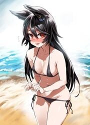 animal_ears asanagi bags_under_eyes bikini bikini_bottom black_bikini black_bikini_bottom black_bikini_top black_hair black_swimsuit breasts clavicle ear_piercing erune_race_(granblue_fantasy) female female granblue_fantasy hair_between_eyes high_resolution long_hair looking_at_viewer navel nier_(granblue_fantasy) ocean oerba_yun_fang open_mouth piercing red_eyes side-tie_bikini small_breasts smile solo stomach swimsuit