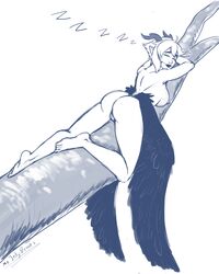 antlers ass breasts elf elf_ears feathered_wings female_only horns monochrome mr.jellybeans nipples nude_female nyx_(the_dragon_prince) pointy_ears pussy sketch skywing_elf sleeping the_dragon_prince wings