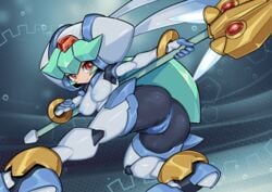 1girls absurdres android anus anus_peek artificial_skin ass blue_anus blue_nipples blue_panties blue_underwear breasts cameltoe clothed female forehead_jewel green_hair high_resolution highres hybrid jewelry looking_at_another looking_back mega_man mega_man_zx multicolored_skin pandora_(mega_man) panties partially_visible_anus pochincoff pussy red_eyes reploid robot robot_girl sideboob smile solo thong triangular_anus underwear weapon white_breasts