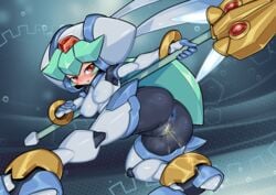 1girls absurdres android anus artificial_skin ass blue_anus blue_nipples blue_pussy blush breasts clitoris clothed female forehead_jewel green_hair half-closed_eyes high_resolution highres hybrid jewelry looking_at_another looking_back mega_man mega_man_zx multicolored_skin open_mouth pandora_(mega_man) partially_clothed peeing pochincoff pussy red_eyes reploid robot robot_girl sideboob smile solo steam steaming_body uncensored urine weapon white_breasts