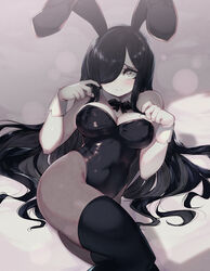 aria_(parororo) aria_wintermint black_hair blush breasts bunny_ears bunnysuit cleavage dark_hair female gloves green_eyes hair_over_one_eye long_hair looking_at_viewer lying nervous original pale-skinned_female pale_skin pantyhose parororo shy stockings