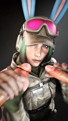 1girls 2boys 3d akatomasu blue_eyes bunny_ears bunny_girl carrot cfnm clothed clothing easter ela_(rainbow_six) faceless_male female goggles goggles_on_head grabbing grabbing_penis green_hair handjob hat headphones headwear hi_res kneeling light-skinned_female light-skinned_male light_skin looking_at_partner looking_up male military motion_blur obscured_face one_eye_covered penis rainbow_six rainbow_six_siege smile smiling soldier source_filmmaker straight threesome tom_clancy turquoise_hair