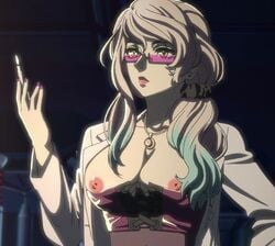 akudama_drive doctor_(akudama_drive) edited_image lab_coat looking_over_eyewear looking_over_glasses looking_over_sunglasses nipples nude_filter official_art official_artwork_edit purple-tinted_eyewear screenshot screenshot_edit spectacles sunglasses third-party_edit tinted_eyewear topless