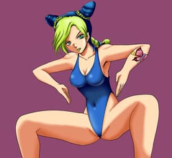 1girls braided_hair cleavage dyed_hair female female_only green_eyes haigure hair_buns jojo's_bizarre_adventure jolyne_kujo legs_apart leotard lipstick looking_at_viewer nail_polish no_bra no_panties one-piece_swimsuit solo stone_ocean swimsuit tattoo