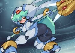 1boy 1girls absurdres android anus artificial_skin ass blue_anus blue_nipples blue_pussy blush breasts clitoris clothed female forehead_jewel gaping gaping_pussy green_hair half-closed_eyes high_resolution highres hybrid invisible_penis jewelry looking_at_another looking_back mega_man mega_man_zx multicolored_skin open_mouth pandora_(mega_man) partially_clothed penetration penis pochincoff pussy pussy_juice red_eyes reploid robot robot_girl sex sideboob smile straight sweat triangular_anus uncensored vaginal_penetration weapon white_breasts