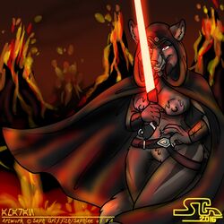 2016 amaran anthro breasts canid cape clothing female fur genitals grey_body grey_fur grin hi_res holding_object holding_weapon hood lava lightsaber mammal melee_weapon mostly_nude nipples portrait pussy saphine sith smile solo star_wars text three-quarter_portrait volcano weapon