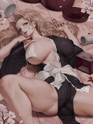 1girls alcohol areola_slip areolae ass big_breasts bleach blonde_hair blue_eyes blush bra breasts clothing drunk female female_only huge_breasts kimono large_breasts letdie1414 long_hair looking_at_viewer lying lying_on_back matsumoto_rangiku mole mole_under_mouth nipples on_floor one_breast_out sash solo spread_legs sweat sweatdrop untied untied_bra wet wet_clothing