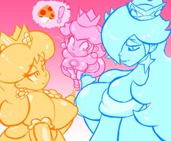 1girls 2futas breasts clothed clothing elbow_gloves erection female fully_clothed futanari gloves human imminent_sex mario_(series) mostly_clothed multiple_futa nintendo pale_skin penis pink_background precum princess_daisy princess_peach princess_rosalina simple_background skitterleaf standing super_mario_bros. surprised uncut