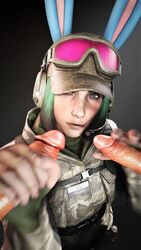 1girls 2boys 3d akatomasu blue_eyes bunny_ears bunny_girl carrot clothed clothing easter ela_(rainbow_six) eyeshadow faceless_male female goggles goggles_on_head grabbing grabbing_penis green_hair handjob hat headphones headwear hi_res kneeling light-skinned_female light-skinned_male light_skin looking_at_partner looking_up male mascara military motion_blur obscured_face one_eye_covered penis rainbow_six rainbow_six_siege smile smiling soldier source_filmmaker straight threesome tom_clancy turquoise_hair