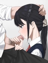 1boy bangs black_hair blue_eyes blush breasts censored collared_shirt cum cum_in_mouth dress_shirt fellatio female handjob highres kaminari_doon long_hair long_sleeves male_pubic_hair mosaic_censoring open_mouth oral original penis ponytail pubic_hair shirt white_shirt