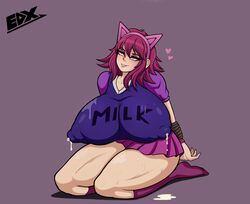 aged_up ahe_gao annie_hastur big_breasts big_thighs breasts eduuux huge_breasts lactation league_of_legends looking_up milk nipples nipples_visible_through_clothing on_knees riot_games tied_up