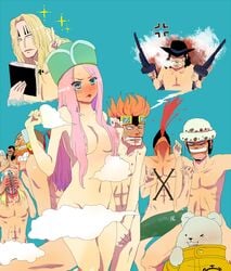 1girls 9boys asdge23 basil_hawkins bepo blue_background capone_bege censored convenient_censoring eustass_kid female jewelry_bonney killer_(one_piece) male naked nude one_piece scratchmen_apoo shounen_jump steam_censor tagme teal_background trafalgar_law urouge x_drake