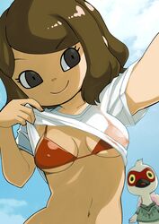 animal_crossing bikini_top black_eyes breasts cute day looking_at_viewer mob_face muramasa_mikado murana_(muramasa_mikado) navel nintendo only_player red_bikini_top red_bra selfie shirt_lift sky smile swimsuit villager_(animal_crossing)