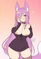 1girls breasts dirtykuro elfoppai female female_only fox fox_ears fox_girl fox_tail kuro_(foxykuro) light-skinned_female light_skin long_hair original_character purple_hair purple_tail short_dress tongue_out