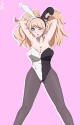 big_breasts black_legwear black_tights blonde_hair blue_eyes blush breasts bunny_ears bunny_girl bunnysuit cleavage colored curvy danganronpa danganronpa:_trigger_happy_havoc danganronpa_1 eyelashes female gyaru hands_behind_head junko_enoshima leotard long_hair naver simple_background straight_hair thick_thighs tights twintails voluptuous wink winking winking_at_viewer