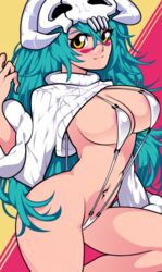 1girls arrancar bikini bleach breasts covered_nipples cropped_sweater espada facial_mark female green_hair highres king_sherbet long_hair looking_at_viewer navel nelliel_tu_odelschwanck skull sling_bikini smile solo sweater swimsuit very_long_hair yellow_eyes