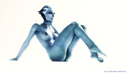 1girls 3d asari ass blue_skin breasts feet female female_only liara_t'soni major_guardian mass_effect sitting smile solo