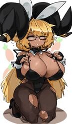 1girls arm_gloves big_breasts big_horns black_nails blonde_eyebrows blonde_hair bunny_ears bunny_girl bunnysuit caoimhe_(zanamaoria) carrot cleavage closed_eyes curved_horn dark-skinned_female dark_skin demon_horns detached_collar eyebrows_visible_through_hair female female_only fingerless_gloves glasses hair_on_horn heels horns kneeling long_hair milf mole_on_breast mole_under_eye neck_ribbon original pantyhose ring simple_background solo solo_female solo_focus succubus torn_pantyhose very_high_resolution white_background wide_hips wrist_cuffs zanamaoria