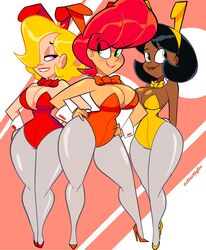 3girls alison_rose alternate_version_available artist_name atomickingboo big_breasts blonde_hair breasts bunny_ears bunny_girl bunny_suit bunnysuit bursting_breasts dark-skinned_female dark_skin dialogue english_text fat_ass fat_butt female female_focus female_only high_heels hips hourglass_figure large_ass large_breasts looking_back macy_atomix mindi_tygerson nipples original original_character original_characters pantyhose pompadour red_hair the_space_angels thick thick_legs thick_thighs thighs voluptuous wide_hips