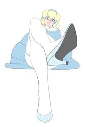 aegis_(persona) aigis_(persona) angry big_lips bimbo blue_eyes blush blushing dress feet female female_only high_heels huge_breasts huge_lips looking_at_viewer maid persona persona_3 pov pov_eye_contact pov_feet sealguy sitting solo stepfordization white_background