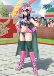 1girls 2d aged_up armor bikini bikini_armor black_eyes black_hair boots breasts brown_hair chichi chichi's_armor chichi's_helmet cleavage day dragon_ball dragon_ball_(classic) enkaboots female female_focus full_body gloves hands_on_hips helmet hi_res high_heel_boots high_heels knee_boots long_hair looking_at_viewer navel outdoors palm_tree pink_boots pink_gloves revealing_clothes skimpy_clothes solo_focus standing teenager thigh_boots thighhighs tree