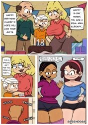 big_breasts birthday clothing comic dialogue english_text greendogg happy_birthday lincoln_loud lynn_loud_sr. nickelodeon rita_loud ronnie_anne_santiago sid_chang straight_hair text the_casagrandes the_loud_house thick_thighs