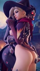 2girls 3d alternate_costume ass clothing daintydjinn exposed_ass exposed_breasts exposed_nipples female female_only footwear gloves hand_on_ass handwear headgear highes hugging human huntress_widowmaker mercy overwatch purple_skin widowmaker witch witch_hat witch_mercy yuri